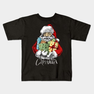 Santa Claus Merry Christmas Holding Gift Sketchy Kids T-Shirt